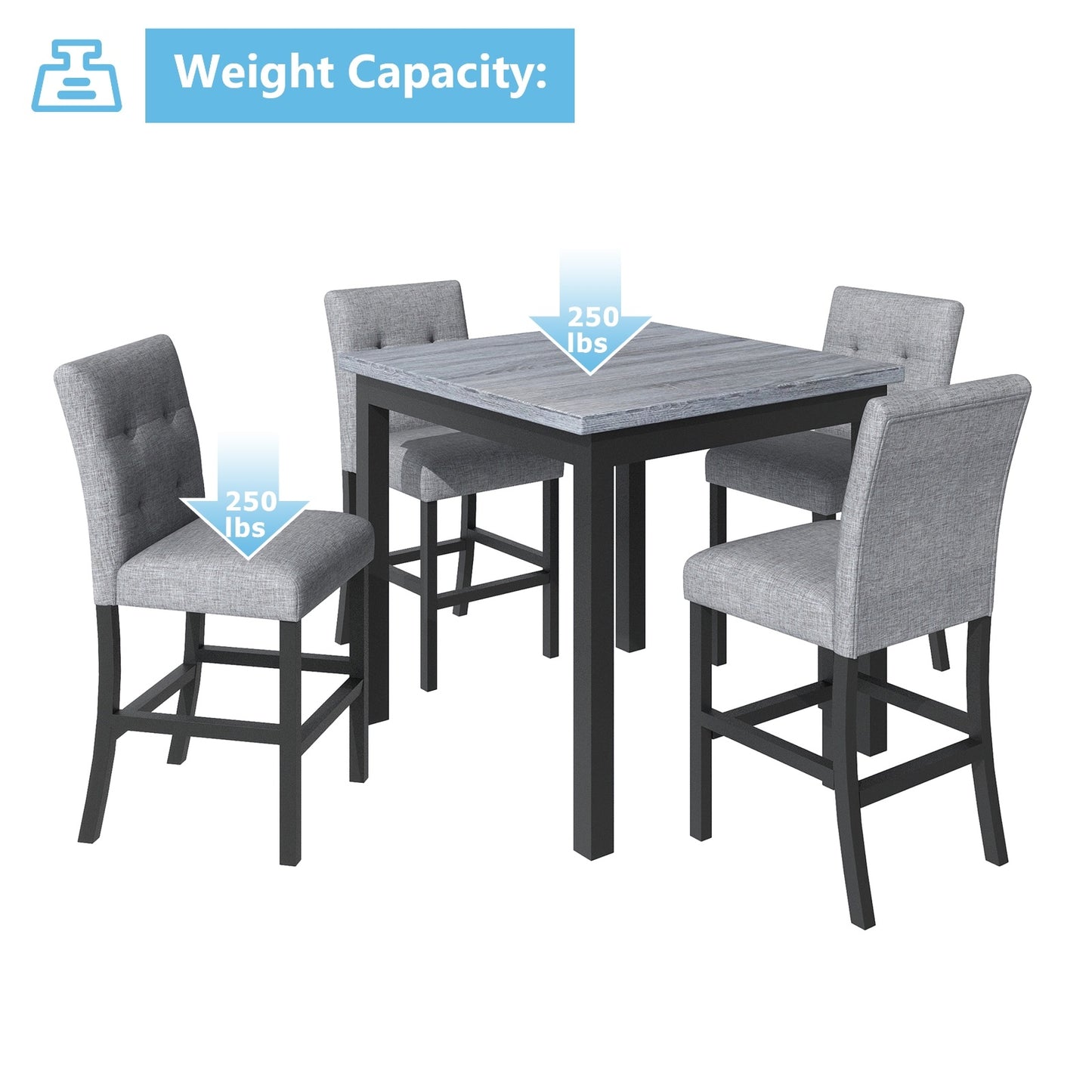 TOPMAX 5-Piece Counter Height Dining Set, Wood Table Chairs Stools W Footrest