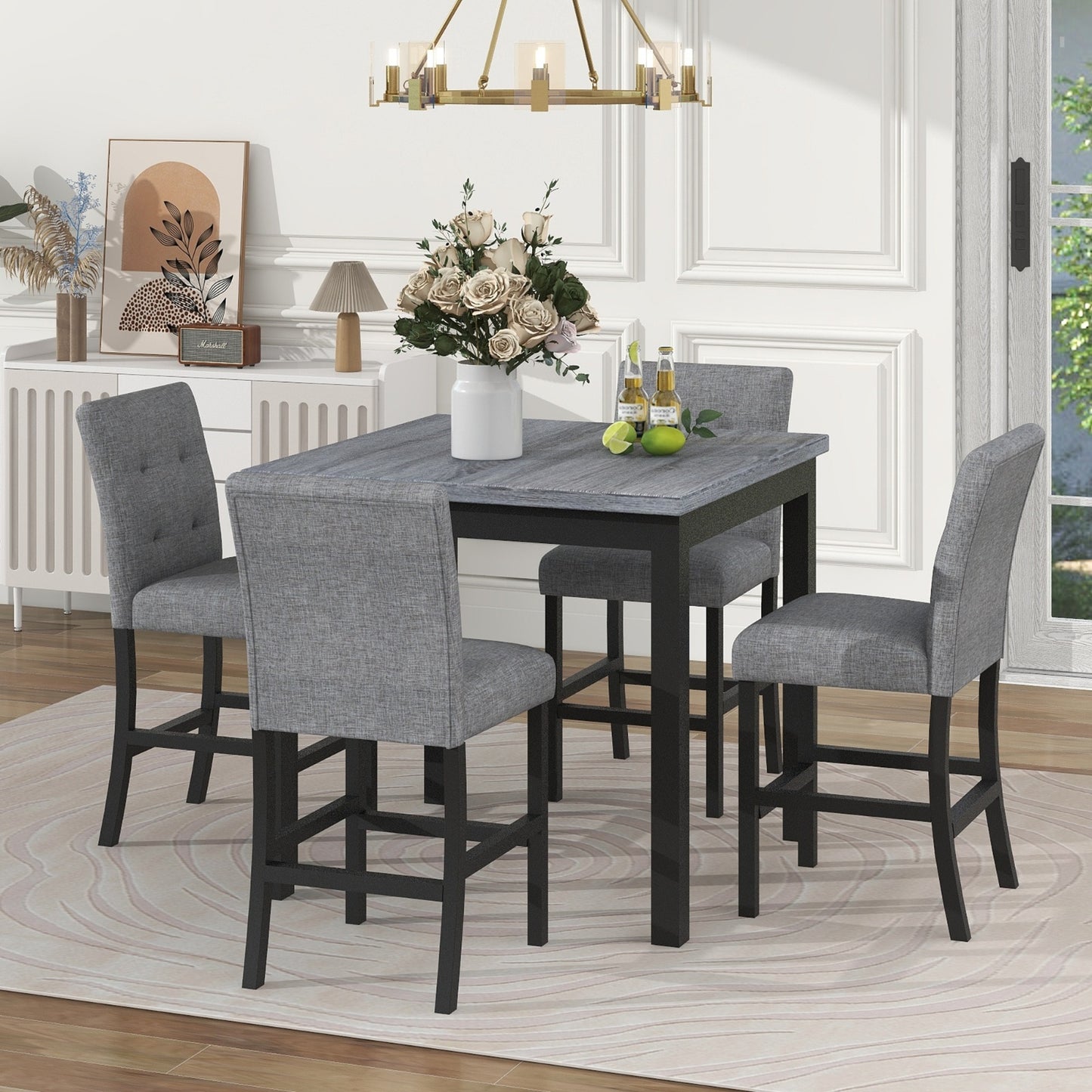 TOPMAX 5-Piece Counter Height Dining Set, Wood Table Chairs Stools W Footrest