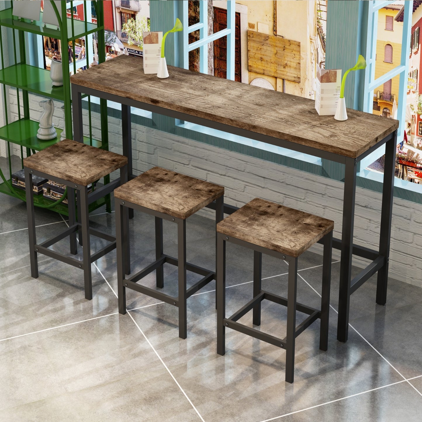 Modern Kitchen Dining Pub Table Set With 3 Stools, Easy Assembly
