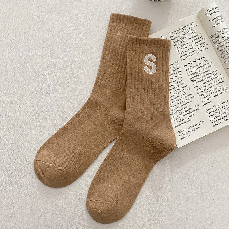 Women's Embroidered S-letter Cotton Sweat-absorbent Autumn And Winter Socks